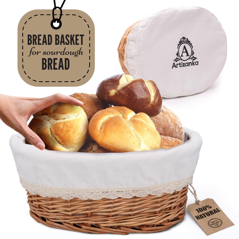 A ARTIZANKA Large Wicker Bread Basket with Removable Linen Liner and Cover - Handmade Rattan Bread Serving & Storage Basket 12"x9" Keeps Bread Warm & Fresh - Perfect Housewarming Gift - Image 1